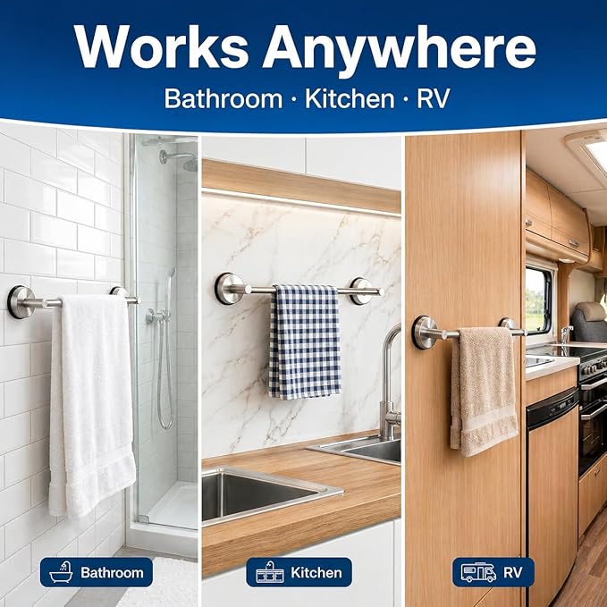 Bathroom Towel Rack, Brushed Nickel Stainless Steel No Drill Towel Holder for Bathroom Adjustable Wall Mounted Towel Rack for Shower Kitchen RV Smooth Tile Glass Mirror and Metal