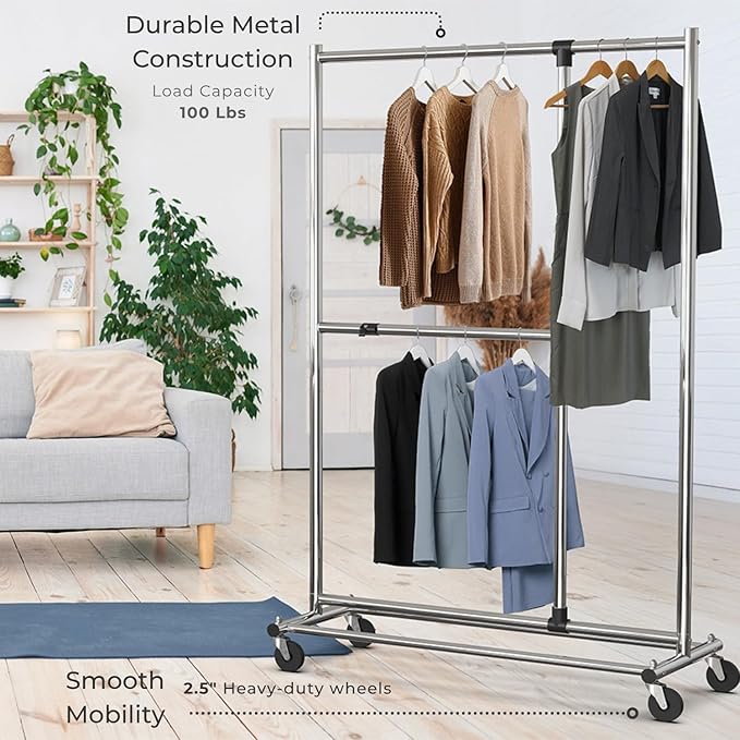 Simple Houseware Dual Bar Adjustable Clothing Garment Rack, 72 Inches Height, Chrome