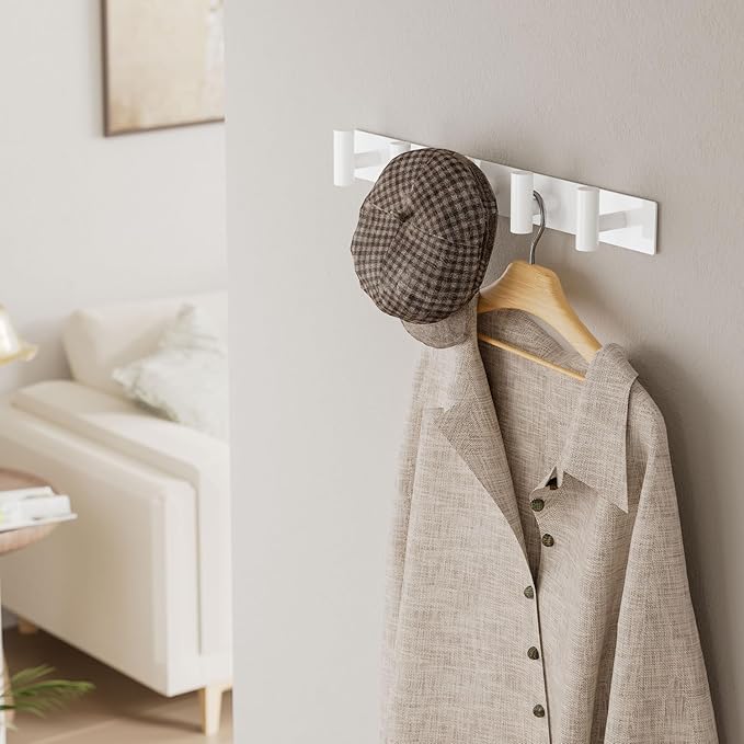 GWAAZXGZ White Wall Mounted Coat Rack – 5 T-Shaped Pegs for Hats, Bags & Towels, Heavy-Duty Metal Rail for Entryway, Bathroom, Closet, Bedroom (1 Pack)