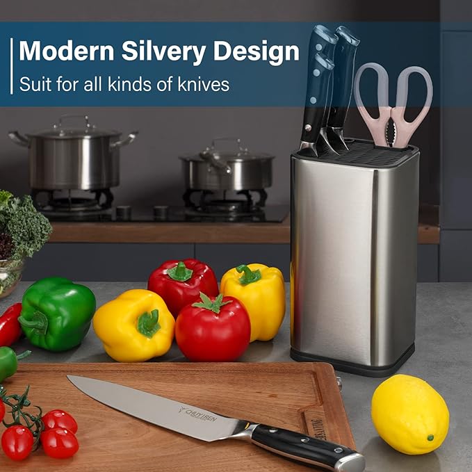 Universal Knife Block, Knife Holder without Knives, Stainless Steel Knife Storage Block for 3.5" to 8" Knives, with Slots for Scissors and Sharpening Rod,for Kitchen Counter