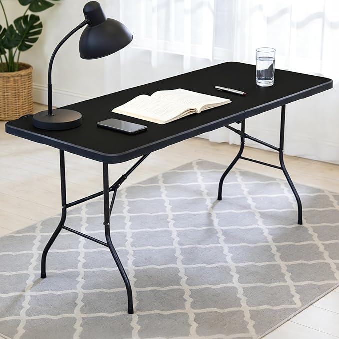 Lakhow Folding Table 6ft Heavy Duty Portable Plastic Fold-in-Half 6 Foot Foldable Table Indoor Outdoor with Parties, Camping Picnic,Folds in Half for Easy Storage, No Assembly Required, Black