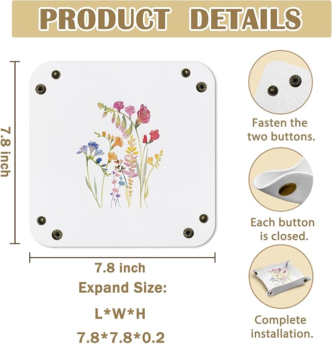 Floral Leather Jewelry Valet Tray, Watercolor Flower Botanical PU Leather Catchall Beside Caddy Nightstand Organizer Tray for Jewelry Rings Watches Keys and Accessories, 7.8x7.8inch
