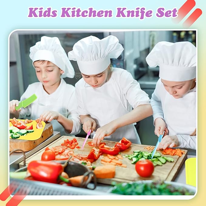 Yinkin 20 Pcs Kids Plastic Knife Set with Cutting Board Toddler Knife Tools, Including 10 Child Safe Knife 10 Chopping Board Kids Cooking Utensils for Cooking Club, Preschool