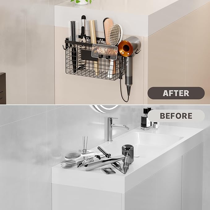 Magheo Hair Dryer Holder Cabinet Door 3-in-1 Adhesive Hair Tool Organizer Wall Mounted Adjustable Height Blow Dryer Holder Under Sink Bathroom Hair Appliance Organizer and Storage Countertop(Black)