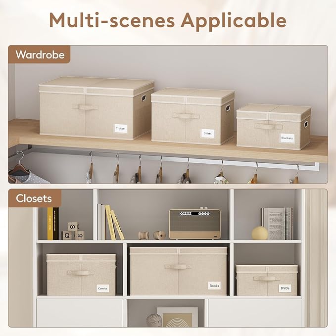 Lifewit Clothes Storage Bins with Lids, Fabric Foldable Storage Boxes with Handles, Decorative Closet Organizer, Stackable Cube Baskets Container for Bedroom, Office, 34.5L Large Beige, 3 Packs