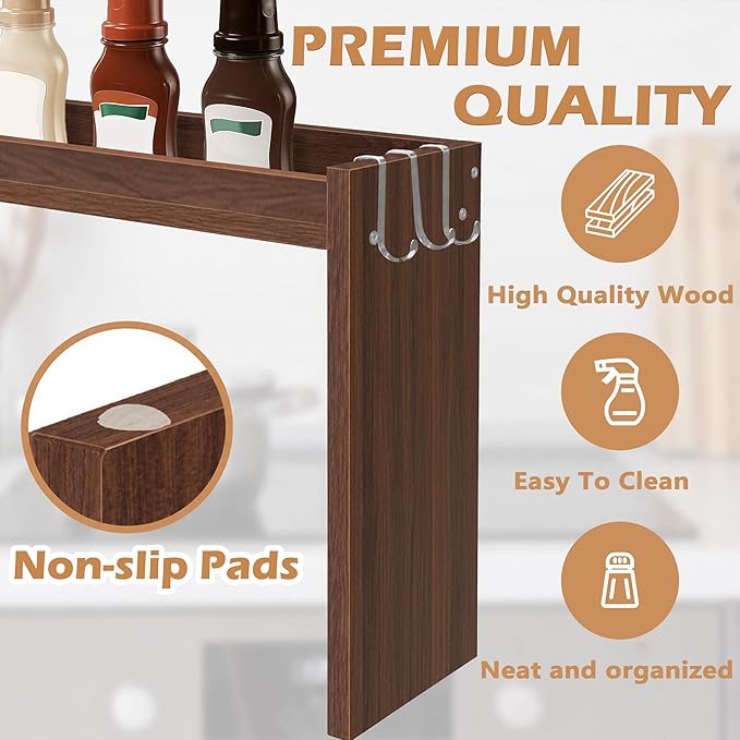 Over the Stove Shelf, Wood Stove Top Shelf, 31.5" Stove Top Organizer Shelves with 6 Hooks,11.5" Height Over Stove Spice Rack for Kitchen, Walnut