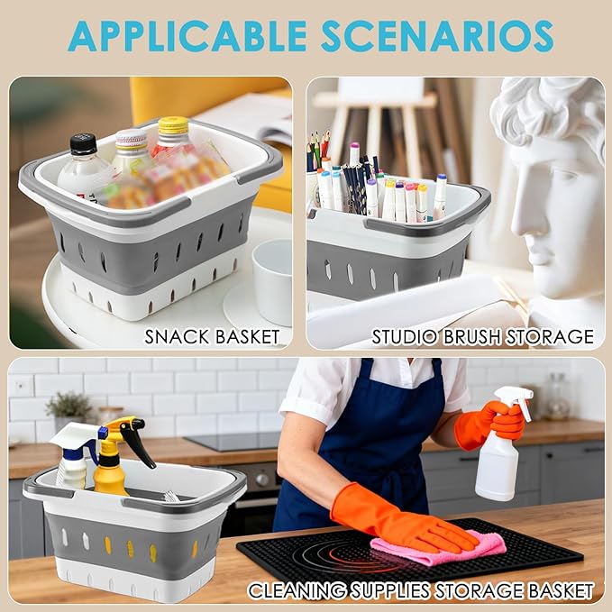 Fammart Portable Shower Caddy Tote โ Collapsible Plastic Basket with Handles, Foldable Storage Organizer for Bathroom, Kitchen, College Dorm, Gym, Travel & Camping, Gray