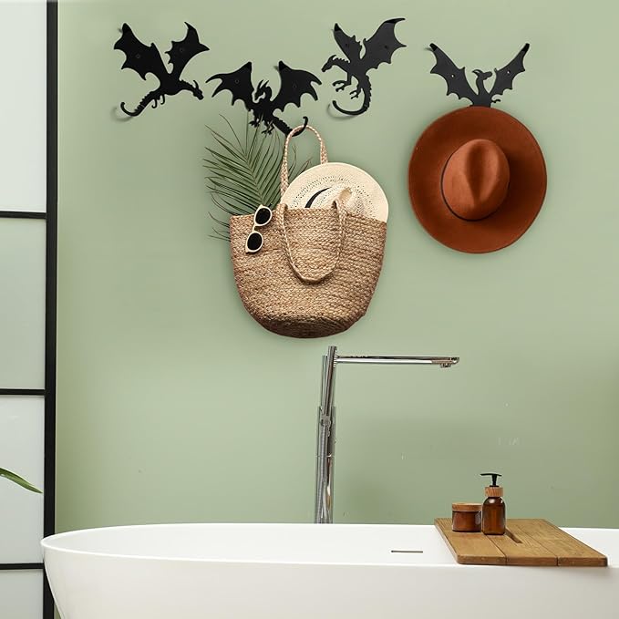 4 Pcs Dragon Wall Hooks Metal Dragon Key Holder Coat Rack Decorative Hanger Matte Black Fantasy Decor for Shelves, Keys, DIY Wall Organizers, 4 Flying Designs (Classic Style)
