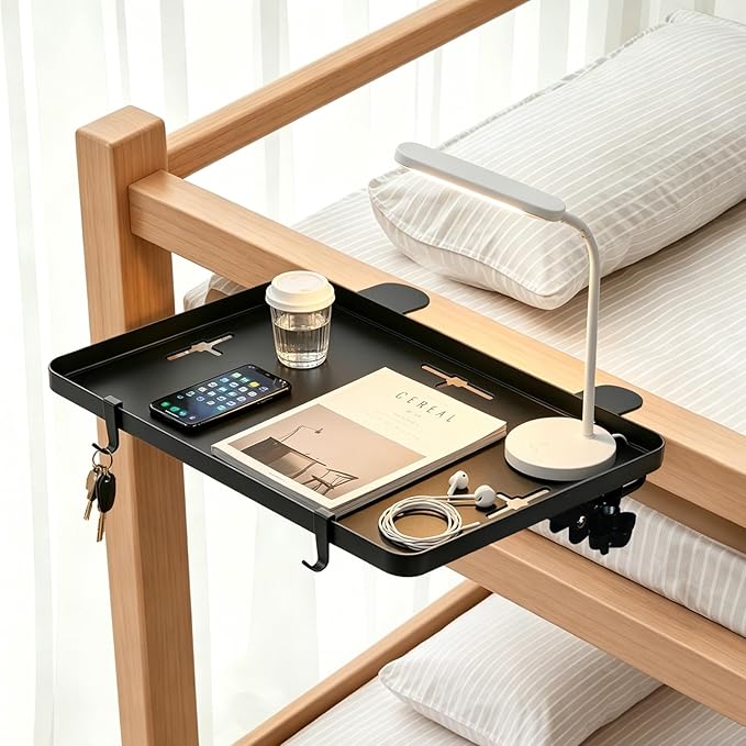 Bedside Bunk Bed Shelf for College Dorm Essentials, Bedside Caddy with Cable Catch & Bedside Organizer, Floating Nightstand for Bed Room, Office, Dorm Room, Metal Beside Tray, Bed Table, Black