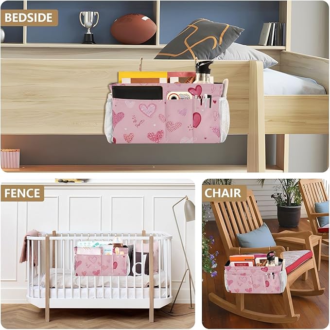Bedside Caddy Hanging Bunk Bed Caddy Bed Organizer Hanging Pocket with 2 Hooks Bedside Storage Organizer Pocket Bag Holder Heart Pink