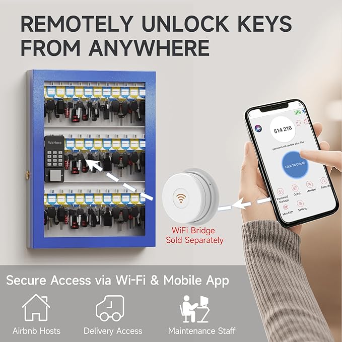WeHere 72-Key Smart Key Lock Box, Wall-Mount Key Cabinet with Key Management App(Track Key Borrow/Return), Keypad, Bluetooth & WiFi Unlock (Sold Separately) for Commercial, School, Rental, Office