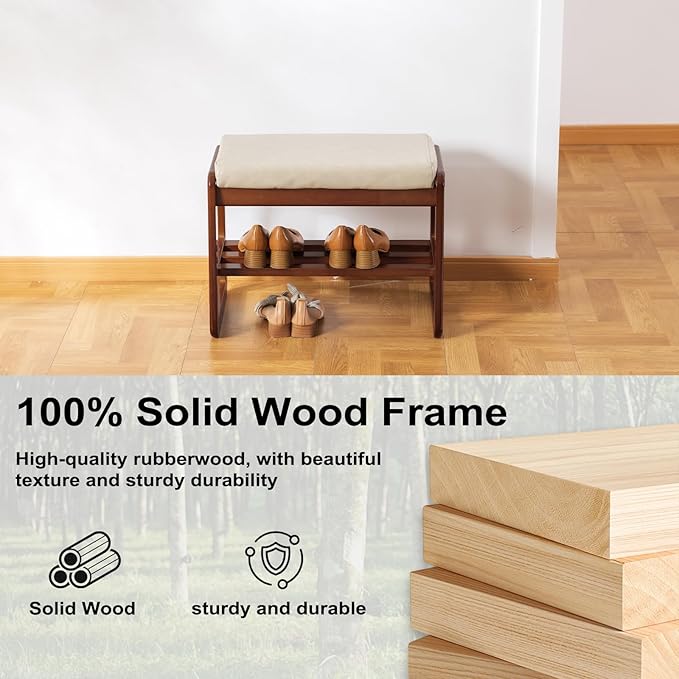 SOBIBO Solid Wood Shoe Bench, 2-Tier Wooden Entryway Bench, Modern Shoe Rack with Faux Leather Cushion for Hallway, Living Room (Gray, 21.65'')