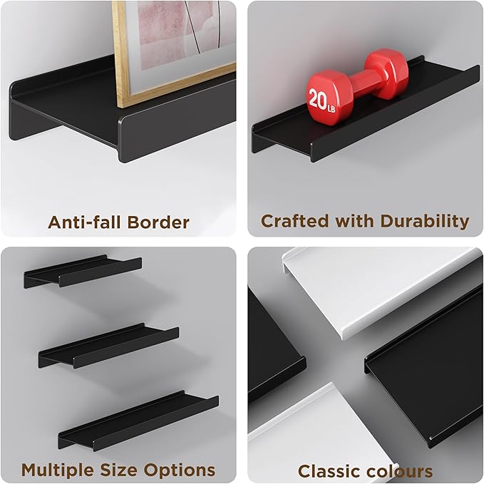 Floating Shelves for Wall, Wall Mounted Shelves with Lip for Storage, Metal Display Shelves for Home Decor, Kitchen/Living Room/Bedroom/Bathroom Shelf, Black 12 inch 1 Pack