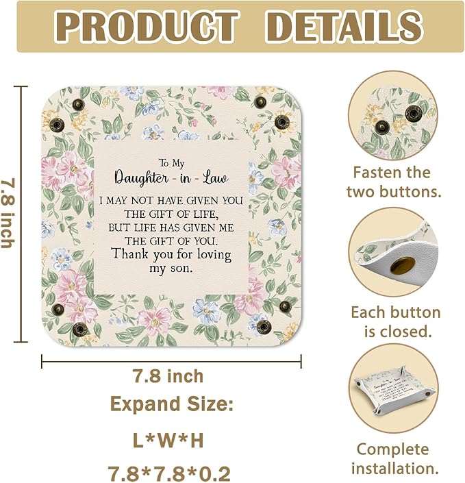 Daughter in Law Gifts Jewelry Valet Tray for Women, Gifts for Daughter in Law PU Leather Catchall Beside Caddy Nightstand Organizer Tray for Jewelry Rings Watches and Accessories, 7.87x7.87in
