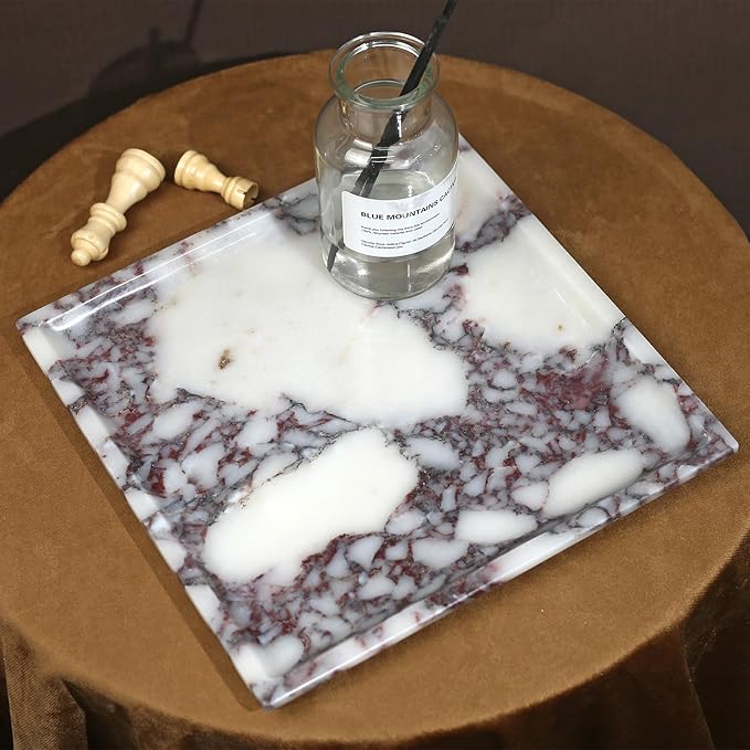 DUANYAN Natural Marble Tray, Coffee Table, Food, Fruit, Paper Cup, Cake Display, Coffee bar, Family Gatherings, Seasonal Holiday Decoration Tray(Viola-square-9.8"x9.8"x0.7")