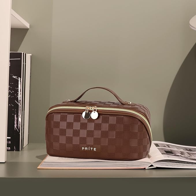 Prite Makeup Bag for Women Travel Waterproof Vegan Leather Cosmetic Bag Open Flat Toiletry Bag With Clear Divider and Handle (Plaid Brown, Medium)