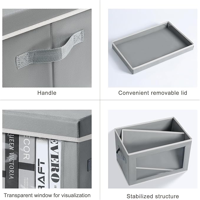 Homsorout Large Storage Baskets Bins with Lids - Stackable Cube Bins for Closet, 3 Pack Grey Windows Organizer Bins, Home Organizers and Storage for Clothes, CD, Towels