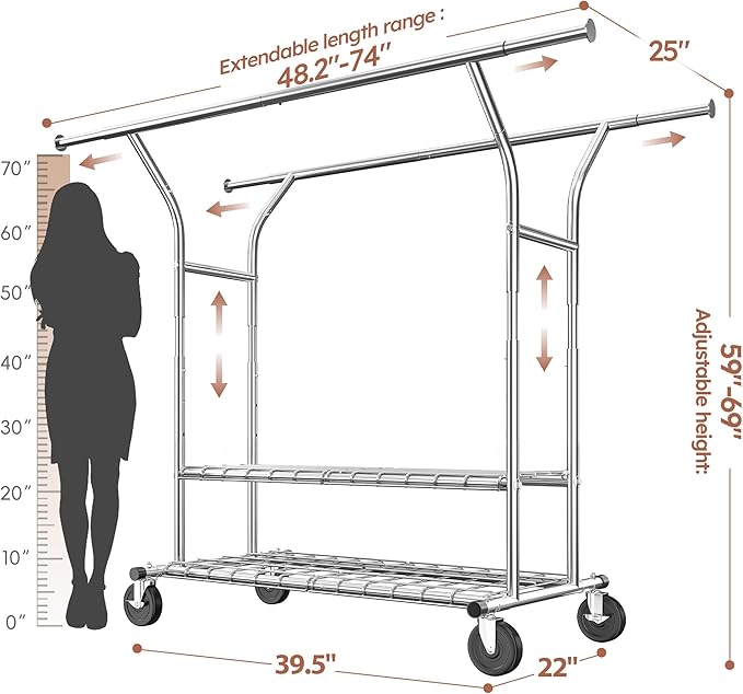 Raybee Clothing Rack Load 630 LBS, Clothes Racks for Hanging Clothes, Rolling Heavy Duty Clothing Rack, Metal Garment Rack for Clothes Storage Bedroom Closet Laundry Room