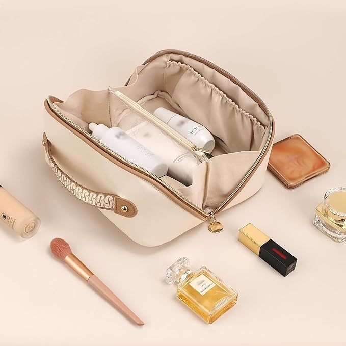 Prite Makeup Bag for Women Travel Waterproof Vegan Leather Cosmetic Bag Open Flat Toiletry Bag With Clear Divider and Handle (Beige, Large)
