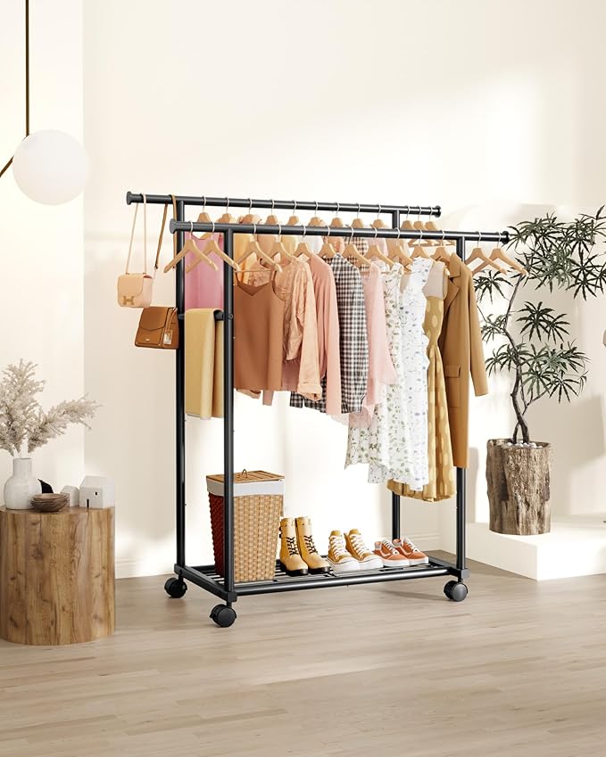 Sakugi Double Rods Clothes Rack - Metal Clothing Rack with Fixed Double Rods, Rolling Wheels & Built-In Shelf for Closet, Bedroom, Laundry Storage (39" x 17" x 60", Black)