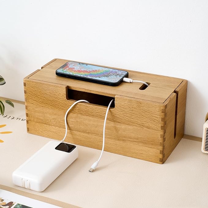 Oak Wood Cable Management Box - Large Cord Hider & Organizer with Magnetic Lid for Desk & Floor Cables in Home Office, Living Room, Bedroom (Natural)