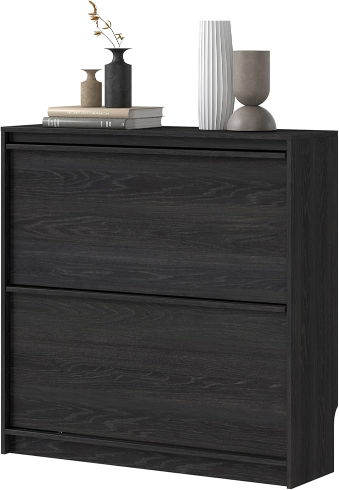 Shoe Cabinet with 2 Flip Drawers, Modern Narrow Shoe Storage Cabinet Organizer with Adjustable Shelf, Hidden Freestanding Shoe Rack for Entryway, Hallway, Living Room, Black