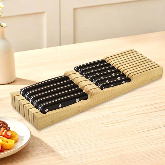 Knife Drawer Organizer, Bamboo In-Drawer Knife Block Organizer Kitchen Steak Knives Holder Organizer for Drawer, 11 Knives Slots (11 Knives Slots)