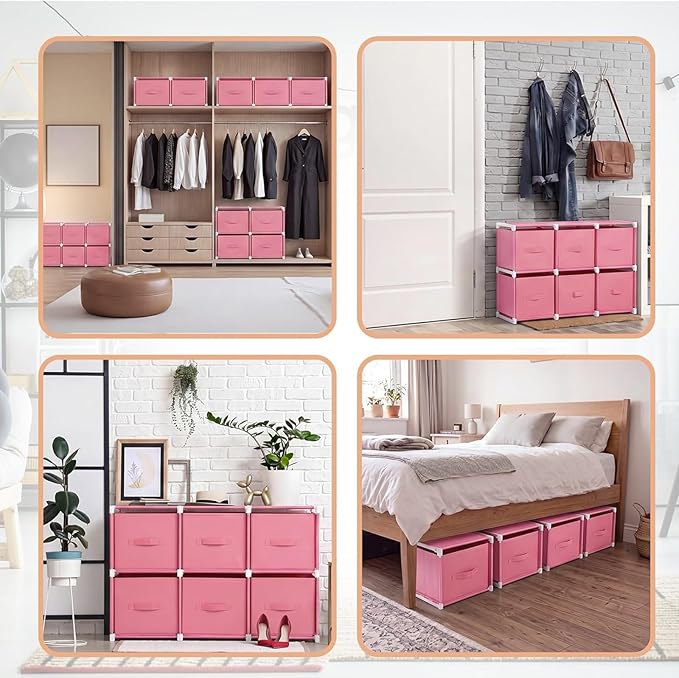 Geetery Under Dorm Bed Cube Organizer Shelf with 6 Cube Fabric Storage Organizer Bins with Handle Dorm Under Bed Closet Drawer for College Essentials Nursery Bedroom Living Room(Pink)