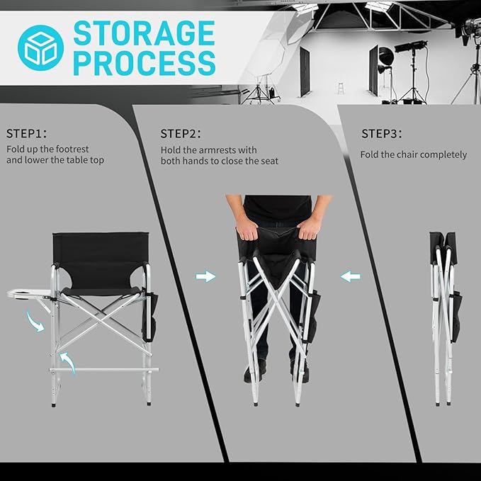 Outvita 4 Piece 26" Tall Directors Chair Height Seat Folding with Side Table Storage Pocket, Support for 300Lbs Portable Makeup Artist Chair with Bar Height(Black)