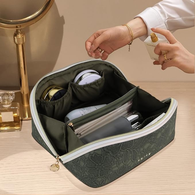 Prite Makeup Bag for Women Travel Waterproof Vegan Leather Cosmetic Bag Open Flat Toiletry Bag With Clear Divider and Handle (Green Flower, Medium)