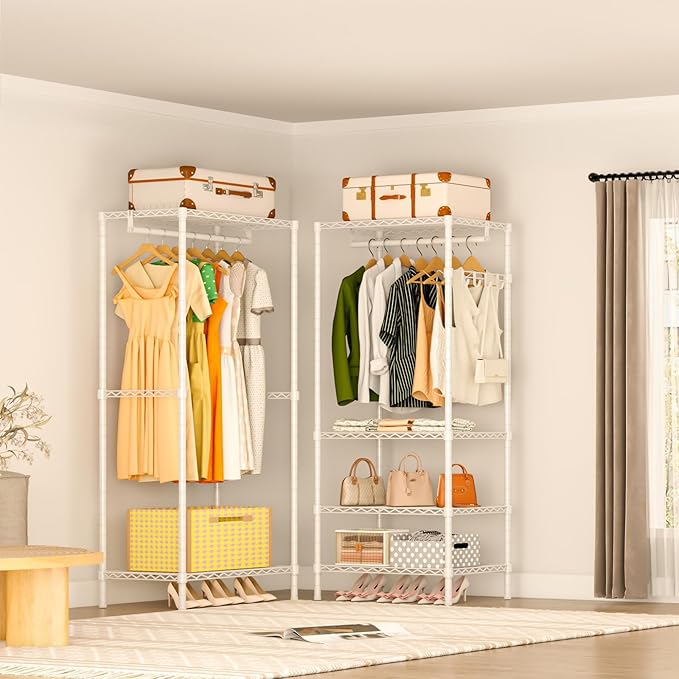 Heavy Duty Garment Rack, Portable Expandable Freestanding 4 Tiers Adjustable Wire Shelves Clothes Rack with 2 Retractable Poles, 70.9-86.6" L x 15.7" W x 76.8" H, Max Load 900LBS, White