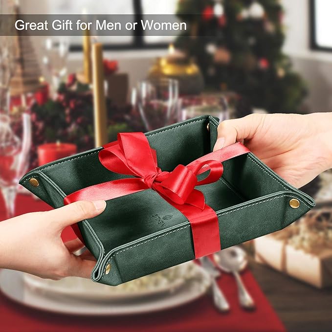 SITHON Valet Tray Desktop Storage Organizer โ Premium PU Leather Catchall Bedside Vanity Tray Nightstand Caddy Holder for Keys, Phone, Wallet, Coin, Valentine's Day Gift, Dark Green