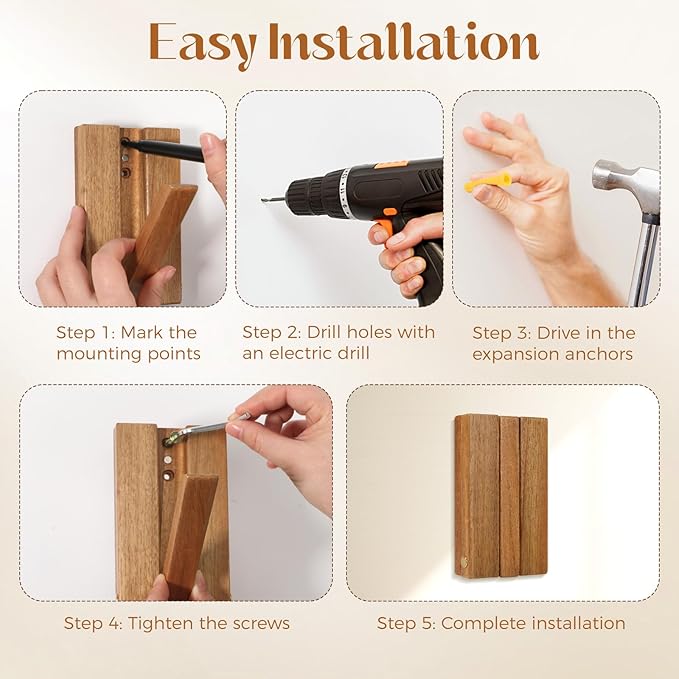 Stylish Wall-Mounted Coat Hat Hooks & Key Holder – Rustic Solid Wood, Space-Saving Retractable Design for Entryway & Bathroom - Heavy Duty 2-Pack Foldable Hooks for Towels, Bags & More