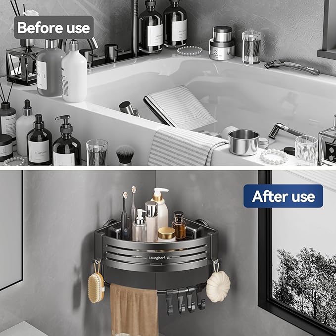 Corner Shower Caddy Suction Cup – Rustproof Aluminum Triangle Shelf with Hooks & Towel Bar, Laungborf No-Drill Wall Storage for Bathroom Kitchen Laundry (Matte Gray, 1 Pack)