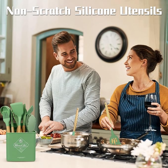 MYKUJA Silicone Cooking Utensils Set, Heat Resistant Kitchen Utensils Set, Spatula,Turner Tongs,Spoon,Brush,Whisk, Cooking Kitchen Utensils Spatula Set, Nonstick Cookware(sage green)