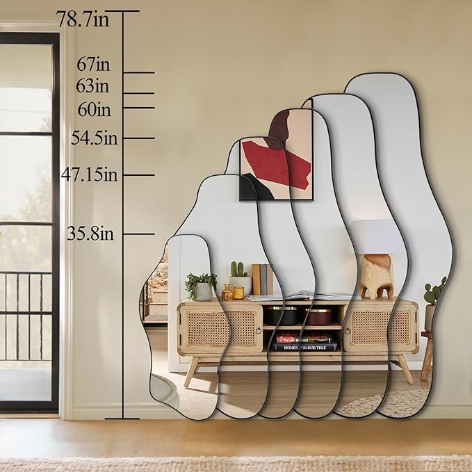 Irregular Frameless Mirror, 60"x24" Large Asymmetrical Tempered Glass Mirror, Modern Organic Shape Mirrors for Living Room Bedroom Hallway Entryway, Hangs Vertically or Horizontally