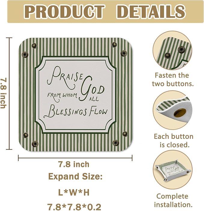 Christian Gifts Leather Jewelry Valet Tray, Green Religious Bible Verse PU Leather Catchall Beside Caddy Nightstand Organizer Tray for Jewelry Rings Watches Keys and Accessories, 7.8x7.8inch