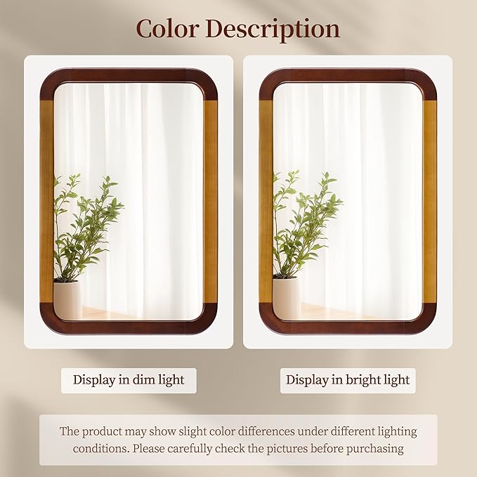 Bathroom Mirror 24 x 36 Inch,Brown Wood Rustic Rectangle Tempered Wall Mirror with Wood Frame,Round Corner Farmhouse Wooden Vanity Mirror for Living Room,Entryway or Bedroom(Walnut Brown)