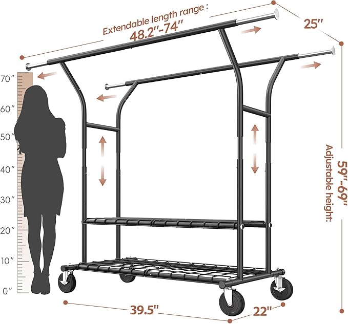 Raybee 74" W Clothes Rack Load 630 LBS, Clothing Racks for Hanging Clothes, Adjustable Heavy Duty Clothes Rack, Double Rods Metal Garment Rack for Bedroom Wardorbe Closet Living Room