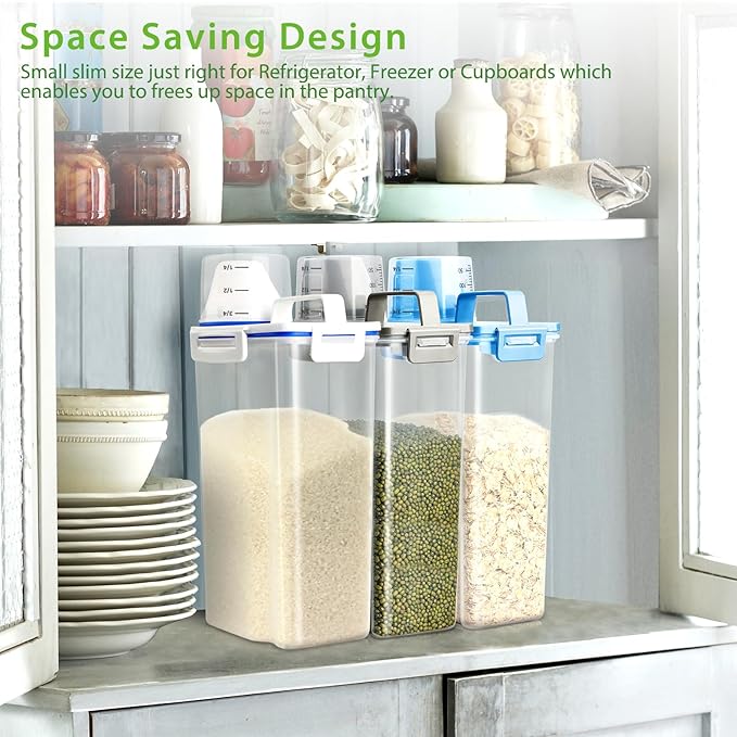 Viretec Rice Airtight Storage Container, 3 to 5Lbs Cereal Dry Food Flour Bin, Pet Dog Cat Food Dispenser with Measuring Cup, BPA Free Clear Plastic Kitchen and Pantry Organization Bin for Sugar