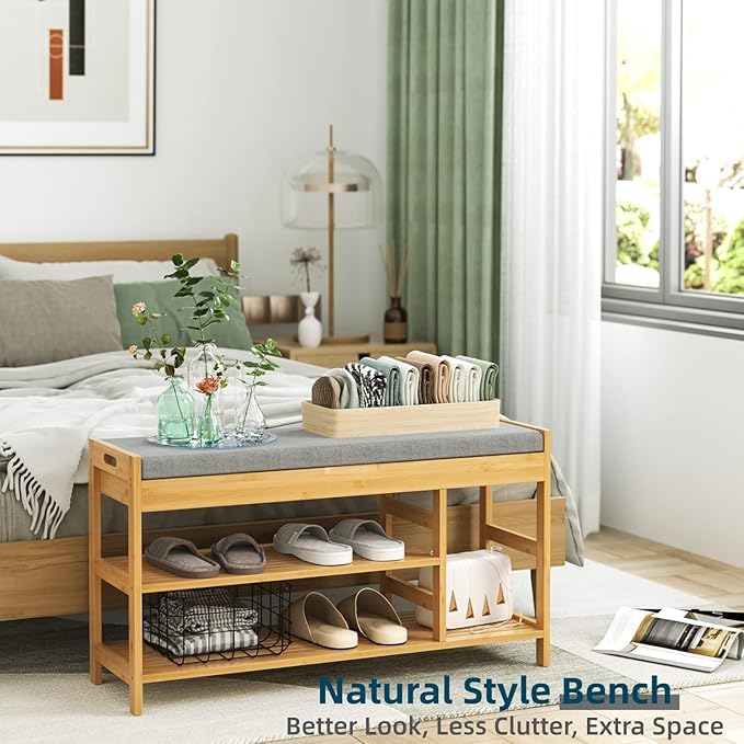 HIFIT 2-Tier Entryway Shoe Rack Bench with Storage, 36 in Bamboo Storage Bench with Padded Seat, Shoe Oiganizer Shelf for Entryway Mudroom Bathroom Hallway, Natural