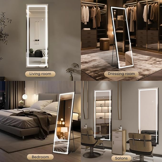 Kosmonia 67x24 Frameless Full Length Mirror, Dimmable 3 Color LED Light w/Memory Function, Distortion Free, HD Reflection & Anti Desilvering, Tempered Glass, Easy Setup w/Stand, Wall/Standing