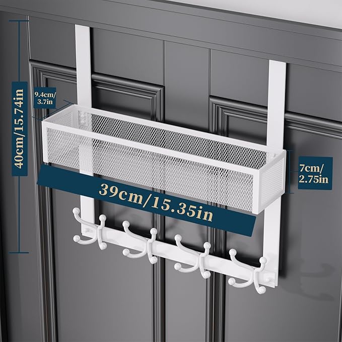 Consumest Over The Door Hooks Organizer - 2 Tier Over Door Hanger with 16 Hooks & 2 Baskets for Hanging Coat, Clothing, Towel, Back Storage for Bathroom, Closet, College Dorm, White