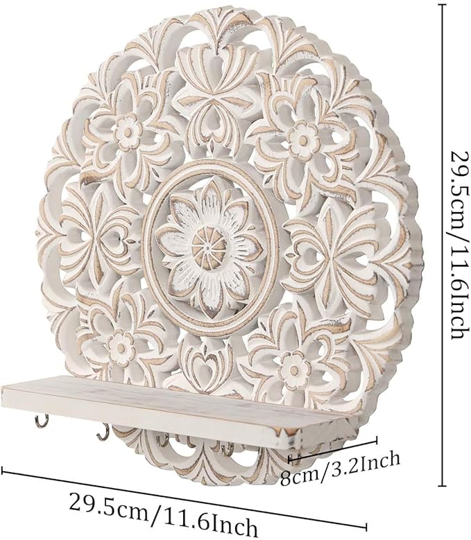 11.6-inch Round Mandala Key Holder for Wall - White Vintage Floral Key Holder with Hooks & Shelf - Farmhouse Decorative Entryway Organizer for Keys, Masks & Mail - Rustic Boho Wall Decor
