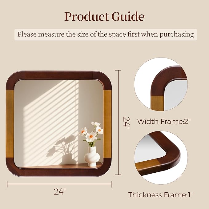 Bathroom Mirror 24 x 24 Inch,Brown Wood Rustic Rectangle Tempered Wall Mirror with Wood Frame,Round Corner Farmhouse Wooden Vanity Mirror for Living Room,Entryway or Bedroom(Walnut Brown)