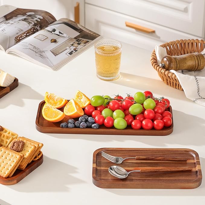 Small Solid Acacia Wood Serving Trays and Platters - Wooden Mini Charcuterie Boards, Rectangle Cheese Board for Food, Bathroom, Home Decor, Kitchen Counter,S,(10" x 5.5", 1 Pack)