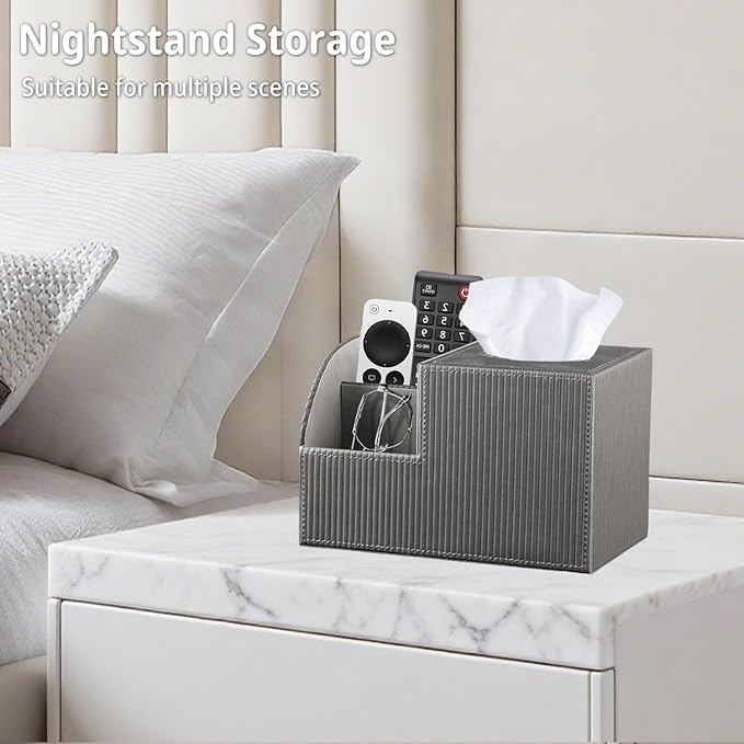 Square Tissue Box Cover with Storage, PU Leather Cube Tissue Box Holder, Remote Control Nightstand Organizer, Modern Desk Caddy for End Table, Bathroom, Bedroom, Home, Office Decor