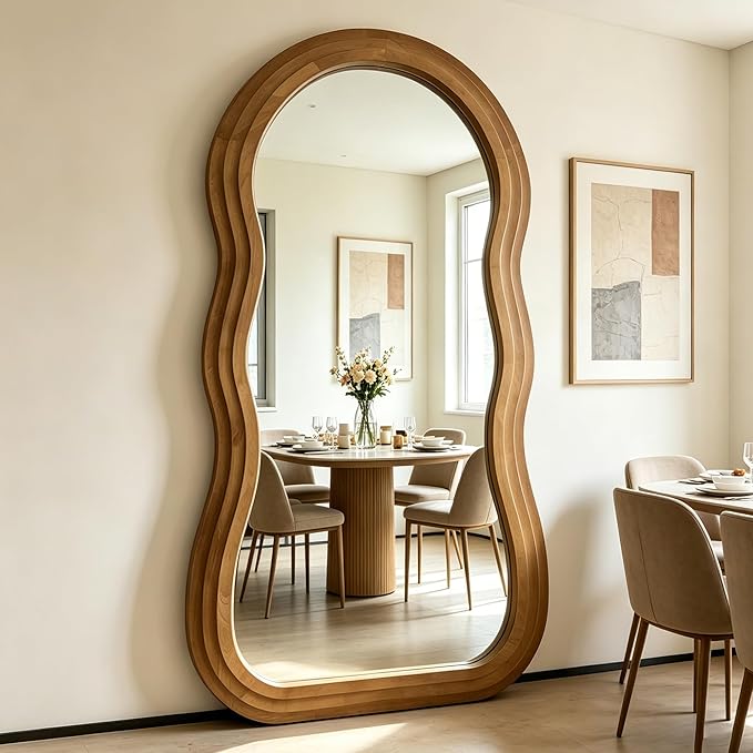 Wavy Full Length Mirror, 71"x33.5" Oversized Organic Floor Mirrors with Triple-Layer Solid Wood Frame, Large Irregular Full Body Mirror for Living Room Entryway Cloakroom, Leaning/Hanging