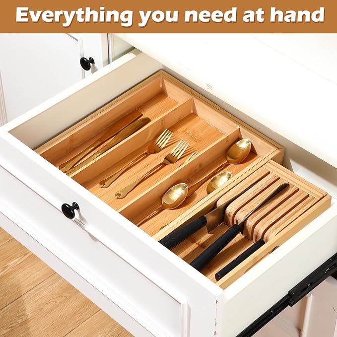 Baderke Bamboo Kitchen Drawer Organizer, Knife Drawer Organizer Drawer Dividers for Kitchen Utensils and Storage Knives Kitchen Steak Knives Holder Organizers Block Insert Dock for Drawer in Storage