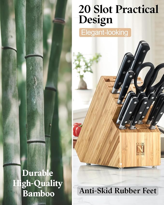 Cook N Home Basics,Bamboo Cutlery Block without Knives, Universal Knife Holder Countertop Butcher Block Knife Stand for Easy Kitchen Storage, 20-Slot
